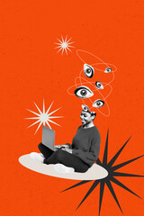 Vertical image artwork pop trend collage of happy girl cut head eyeball stare esoteric freemason...