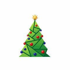 Obraz premium A stylized geometric green christmas tree adorned with colorful baubles and a bright star topper perfect for festive holiday designs