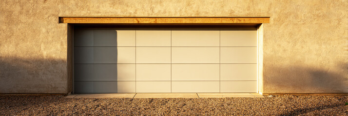 A garage door stands prominently against a textured wall, featuring sleek design elements and subtle shadows from the afternoon light, augmenting the home curb appeal
