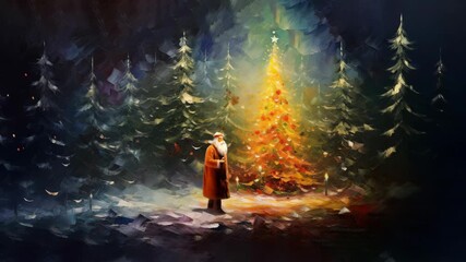 Aerial view of a vibrant, painted Christmas scene with Santa beside a glowing tree, evoking a festive video game atmosphere. Live desktop wallpaper.