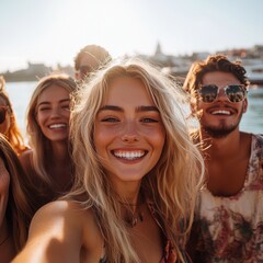 Fototapeta premium Group of Young Friends Smiling Joyfully at Outdoor Summer Festival