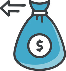 Money Refund Icon Featuring a Blue Dollar Filled Bag with Left Pointing Arrow Showing Financial Transaction
