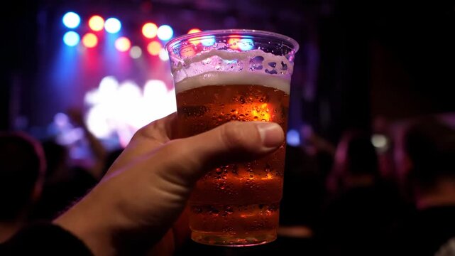 Hand Holding Beer at Concert - A close-up shot of a hand holding a plastic cup of beer at a concert. Stage lights are in the background, creating a colorful, blurry atmosphere.