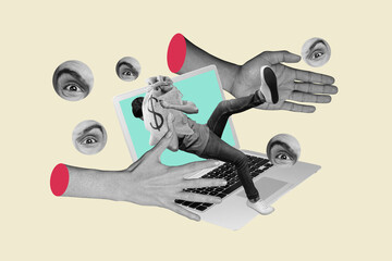 3d image photo collage template sketch of anonym businessman freelancer steal dollar bag income eyeball stare spyware look
