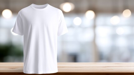 A plain white t-shirt displayed on a wooden surface. This minimalistic style is perfect for casual wear or layering. Ideal for fashion shoots or product displays. AI