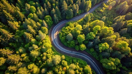 A winding road meanders through a lush green forest canopy bathed in sunlight, an aerial perspective showcasing nature's vibrant beauty