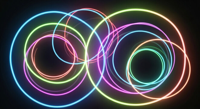 A dynamic arrangement of glowing, interconnected circles in vivid hues of blue, green, pink, and orange, creating a sense of movement and energy against a dark backdrop