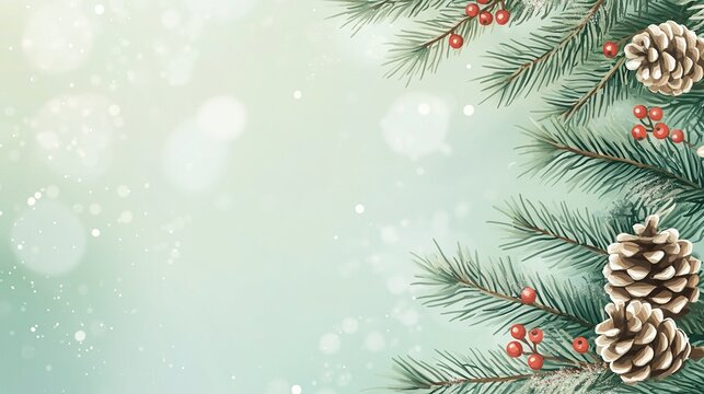 christmas background with pine branches and cones on a light green bokeh background, with copy space available, christmas card template for design, greeting cards, posters, or packaging