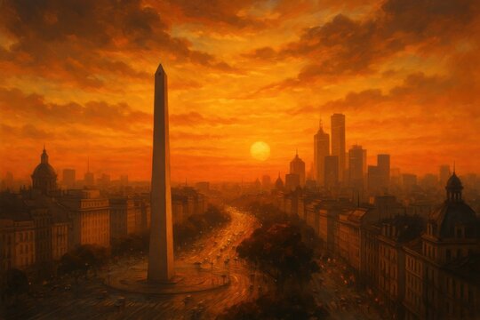 Buenos Aires sunset with Obelisco and Avenida 9 de Julio, skyline with skyscrapers, dramatic orange sky. Illustration by Generative AI
