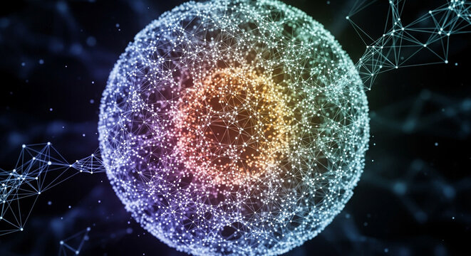 A complex network of interconnected nodes forms a spherical structure, radiating light and energy in a mesmerizing display of digital connectivity