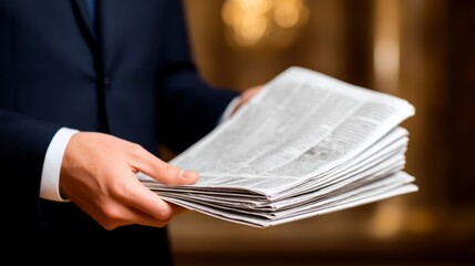 A well-dressed man holds a stack of newspapers. The image captures the essence of information and news delivery. Perfect for editorial use and journalism themes. AI