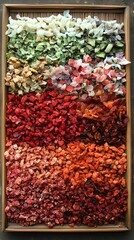 Assorted dried fruit and herbs on tray, healthy food concept