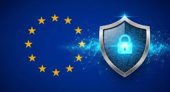 Modern European Union cybersecurity concept with digital data protection shield and network background