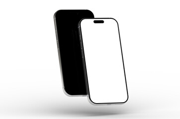 High-quality image of two smartphones, one with a blank screen, perfect for app presentations or website designs. Clean and modern aesthetic.