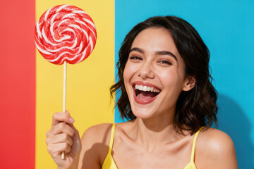 Happy young woman holding big red lollipop smiling joyfully against vibrant colorful background in playful and cheerful mood