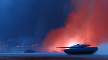 A dramatic scene unfolds with powerful tanks set against a backdrop of vibrant fire and smoke. The image captures tension and strength in a cinematic style. Perfect for military themes. AI