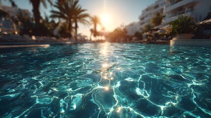 Photorealistic, low-angle shot of shimmering, crystal-clear turquoise pool water. Sunlight creates caustic patterns on the surface with a blurry resort background.