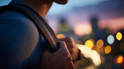 Person holding backpack straps in city at dusk.