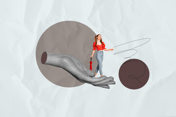 Abstract concept collage with people standing balancing over big cropped hand arm love travel retro...