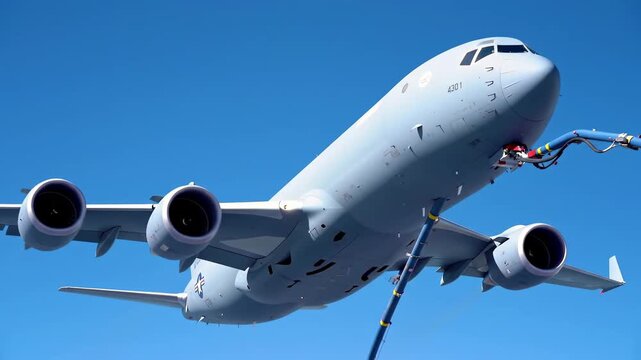 Aerial refueling operation with a large military aircraft mid-flight