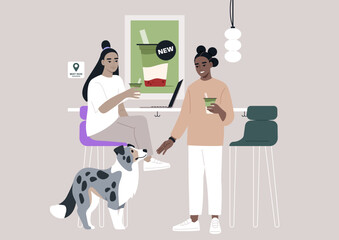 Two friends rejoice in their matcha beverages at a welcoming cafe while a charming dog sits nearby, creating a joyful scene of friendship and relaxation