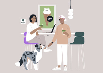 Two friends rejoice in their matcha beverages at a welcoming cafe while a charming dog sits nearby, creating a joyful scene of friendship and relaxation