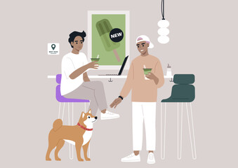 Two friends rejoice in their matcha beverages at a welcoming cafe while a charming dog sits nearby, creating a joyful scene of friendship and relaxation