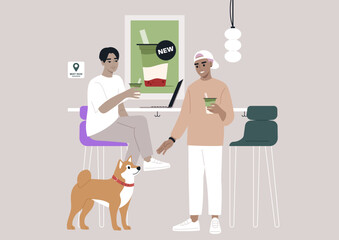 Two friends rejoice in their matcha beverages at a welcoming cafe while a charming dog sits nearby, creating a joyful scene of friendship and relaxation