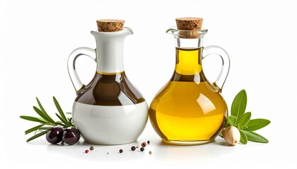 Two glass cruets of olive oil and balsamic vinegar with fresh rosemary, garlic, olives, and peppercorns on a white background.