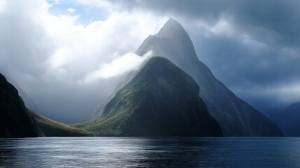 A stunning mountain landscape surrounded by calm waters. Soft clouds drift across the sky, adding a mystical touch. Ideal for nature lovers or travel enthusiasts. AI