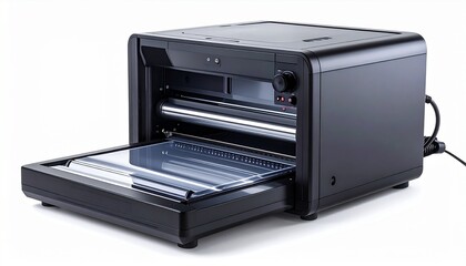 A black laminating machine with its input tray extended, showcasing its rollers and compact design.