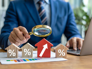 Professional analyzing real estate market trends and property investment growth, assessing housing value dynamics with financial data and strategic planning