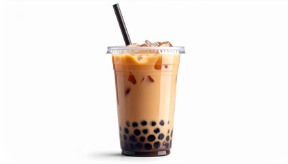 A tall plastic cup filled with iced milk tea and tapioca pearls, with a black straw.