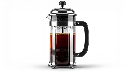 A classic glass and chrome French press coffee maker filled with freshly brewed coffee, isolated on a white background.