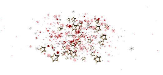 Abstract festive background featuring falling snowflakes and stars in red, gold and silver, perfect for holiday designs and seasonal greetings.
