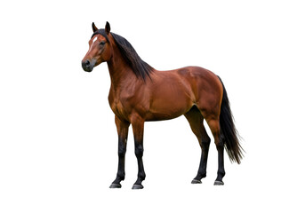 Fototapeta premium Isolated handsome bay horse standing elegantly, regal in appearance, showing dark long hair
