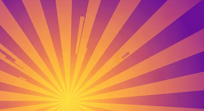 Vibrant sunburst background with orange and purple gradient, radiating energy and optimism, perfect for adding a dynamic and eyecatching element to designs