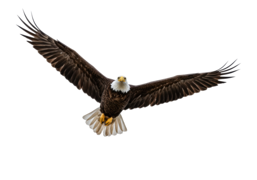 Isolated American bald eagle flying with wings outstretched, looking forward majestically