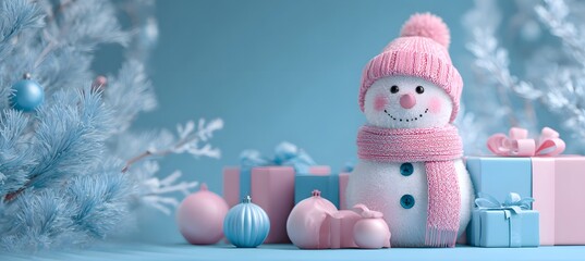 Minimalist pastel pink and blue snowman with scarf and gift boxes on soft background, cozy winter holiday composition, cute Christmas decoration concept in gentle tones and simple festive style