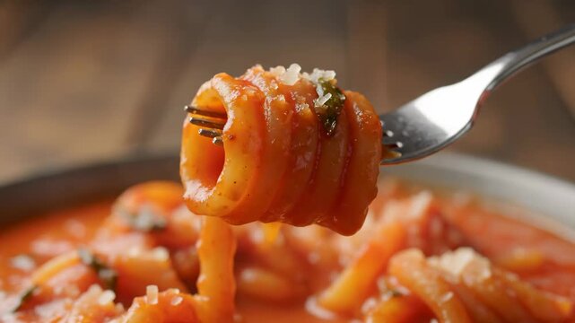 Delicious Bucatini Pasta with Tomato Sauce - A close-up shot of bucatini pasta coated in a rich tomato sauce, held up on a fork.