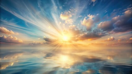 Obraz premium Serene Sunset Over Calm Water A Breathtaking Panorama of Colorful Clouds and Radiant Sunbeams Reflected on a Tranquil Sea Surface