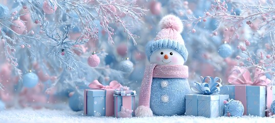Minimalist blue and pink pastel snowman with scarf and gift boxes on soft background, cozy winter holiday composition, cute Christmas decoration concept in gentle tones and simple festive style