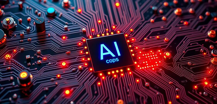 Futuristic circuit board with glowing nodes representing AI processing,  cloud computing,  energy