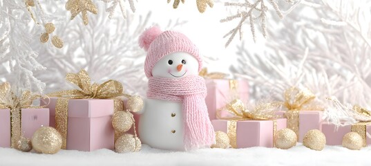 Minimalist rose gold and white pastel snowman with scarf and gift boxes on soft background, cozy winter holiday composition, cute Christmas decoration concept in gentle tones and simple festive style