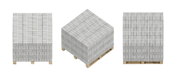 Calcium silicate bricks stacked on wooden pallet and strapped with plastic bands. Set of orthogonal view at 45 degree angle, isolated on a transparent background. 3D illustration.