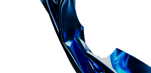 An abstract composition showcasing blue, metallic shapes with a glossy, reflective surface. The artwork features light interplay and fluid forms