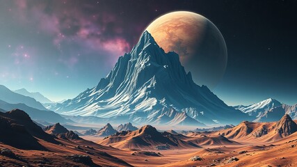 A stunning landscape of a mountain range on an alien planet is illuminated by the glow of a large moon in the sky with space and stars visible beyond.