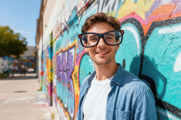 Smiling man wearing oversized novelty glasses standing near colorful graffiti wall on sunny day with playful and urban vibe