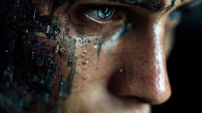 Close-up of a human eye with intricate electronic circuit board patterns integrated into the skin, symbolizing futuristic cybernetic enhancements and artificial intelligence.