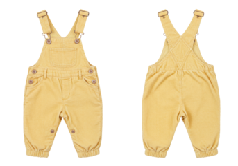 Isolated yellow overalls for children, a casual clothing item with fasteners and straps, front and back